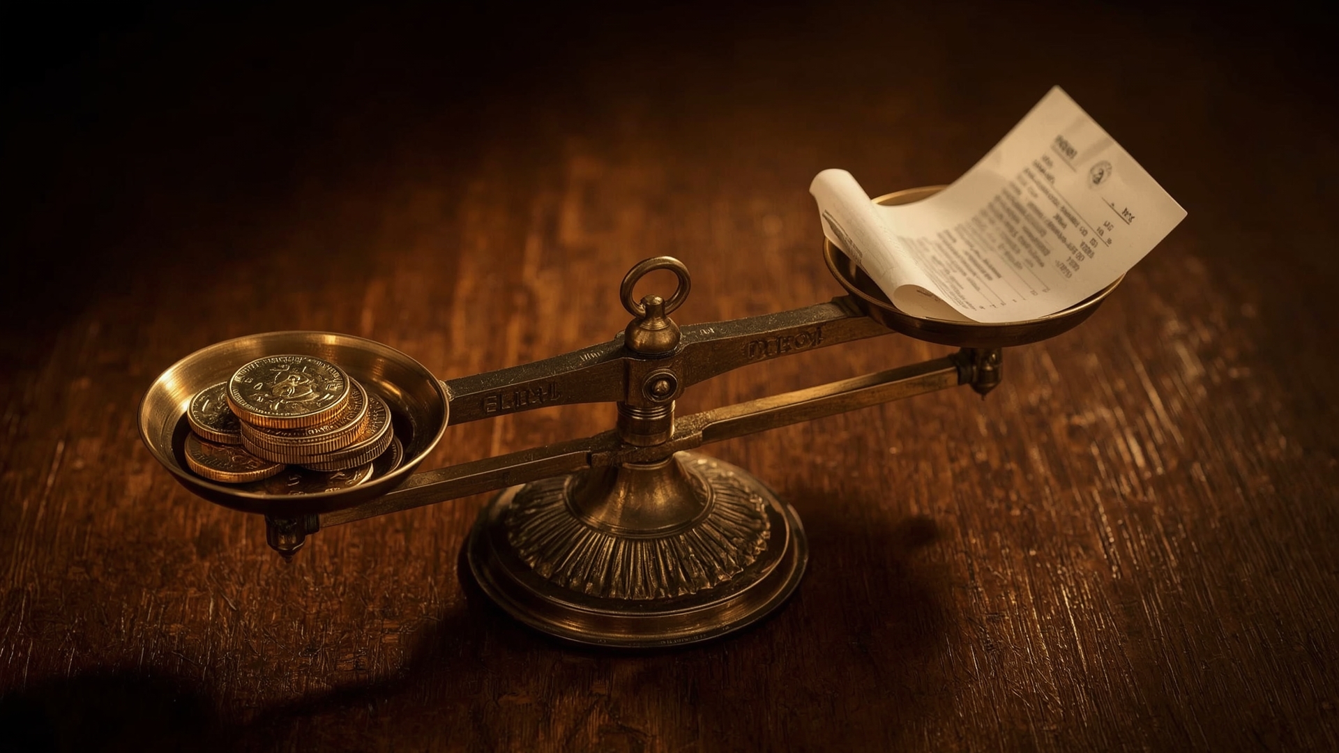 Brass balance scale weighing coins against receipts representing crypto capital gains calculation