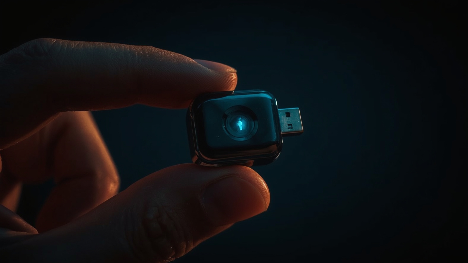 Close-up of a hardware crypto wallet device held between two fingers with USB connector visible
