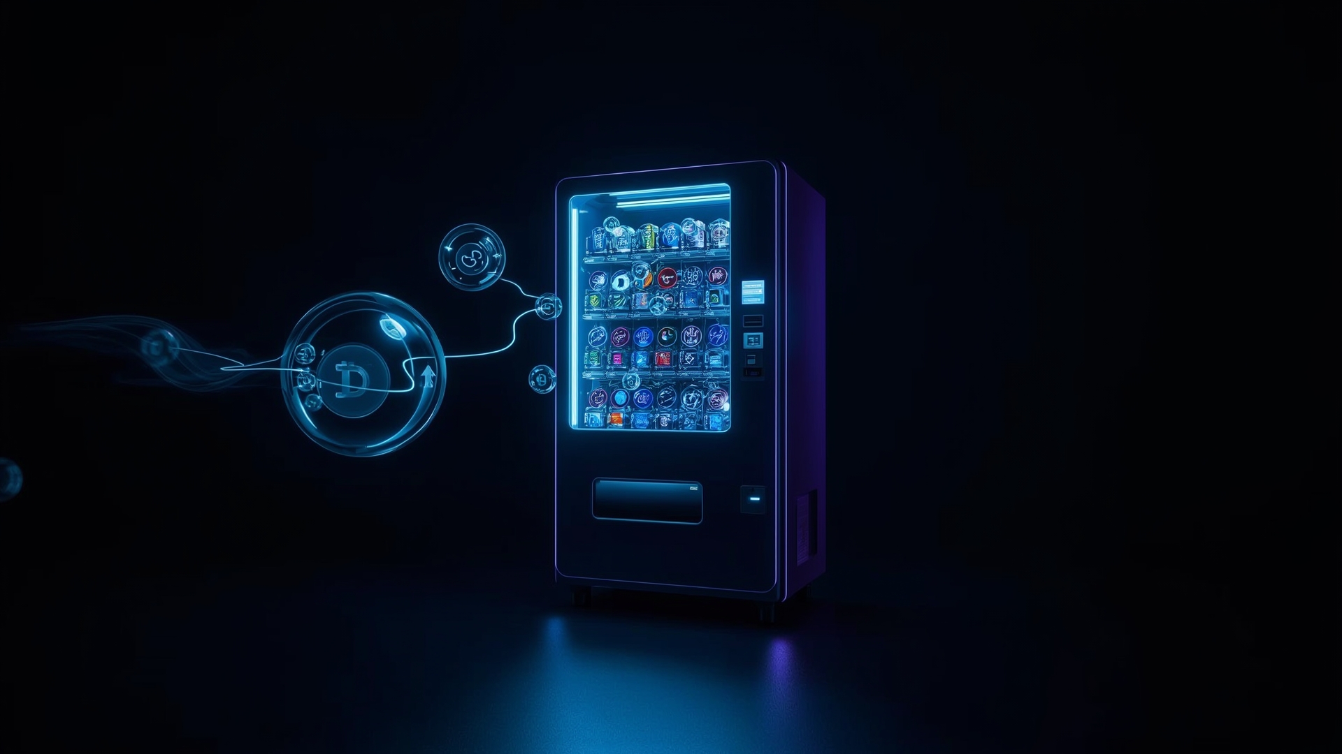 Futuristic vending machine representing automated smart contract execution on blockchain
