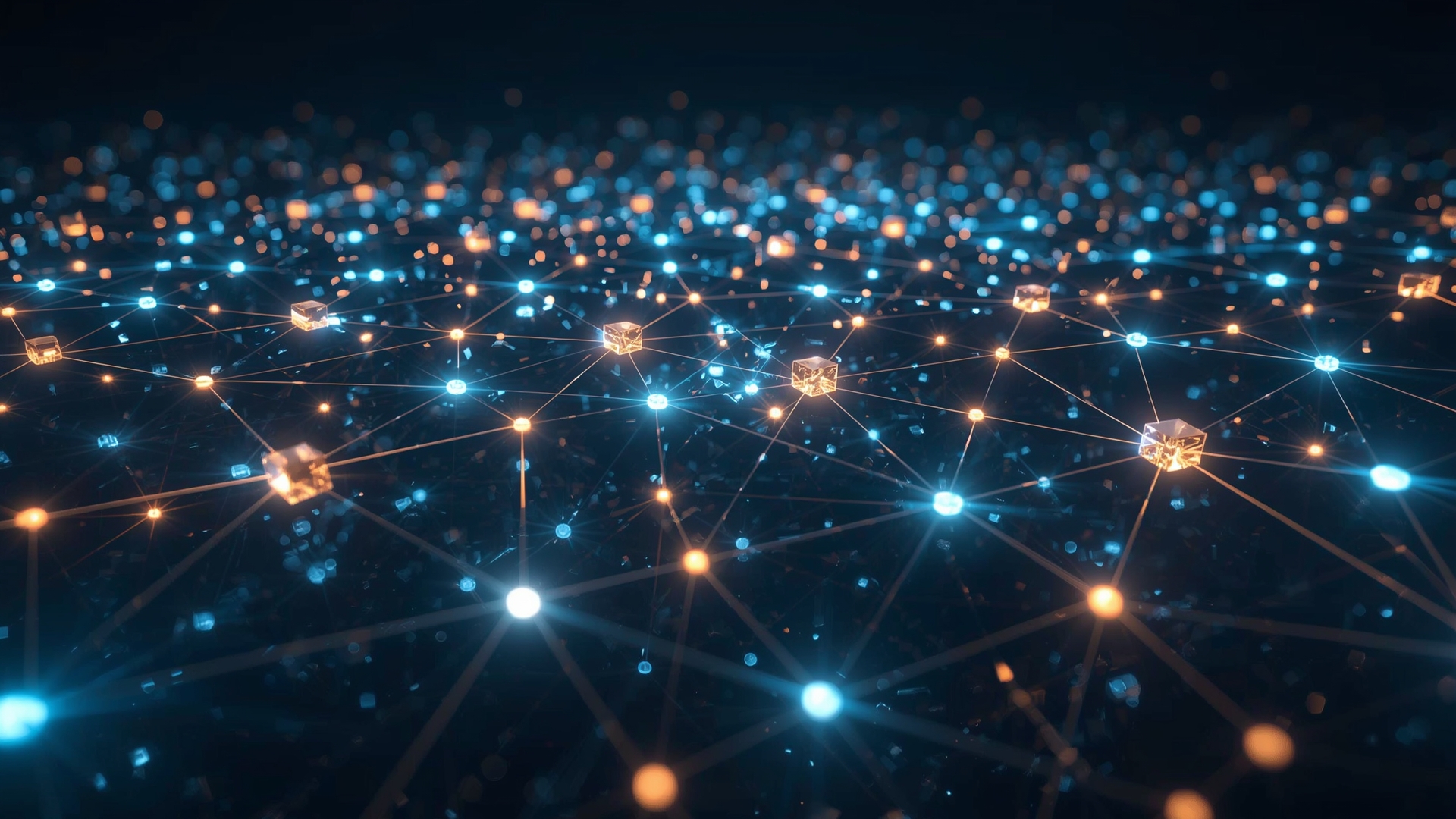 Glowing interconnected network of digital nodes representing blockchain distributed ledger technology