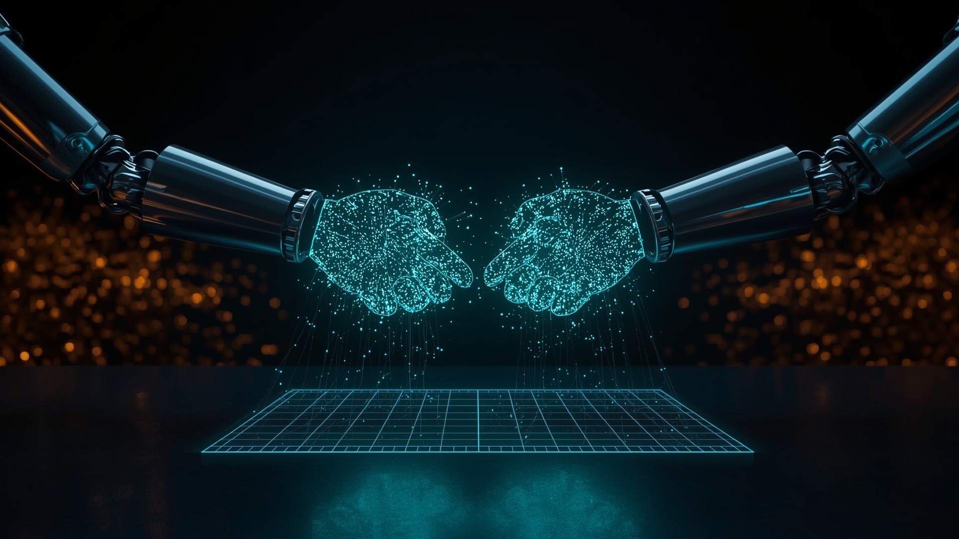 Holographic automated handshake visualization representing self-executing smart contracts on blockchain network