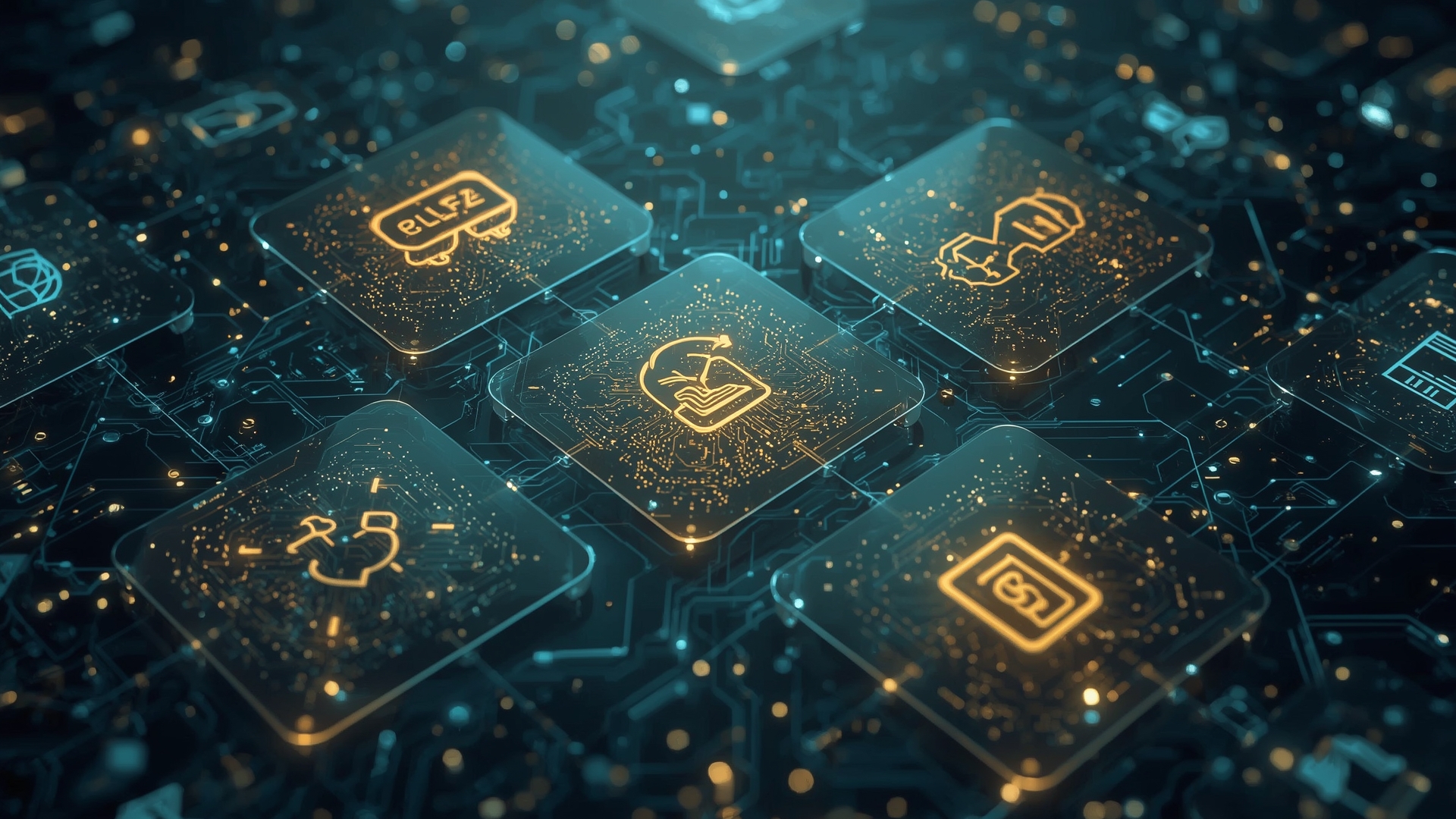 Interconnected holographic tiles representing diverse smart contract use cases across industries