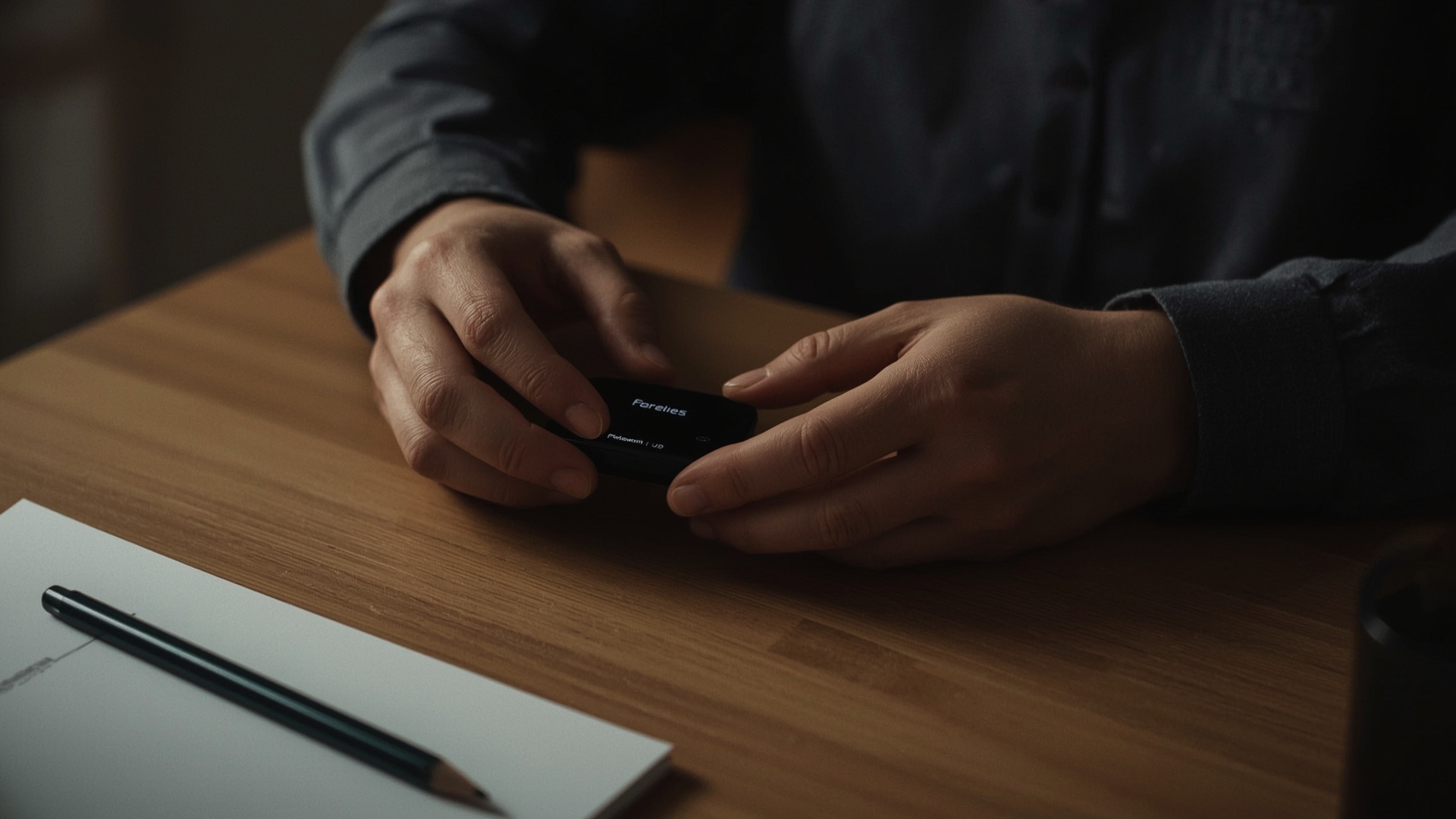 Person setting up hardware crypto wallet at home desk writing seed phrase on paper