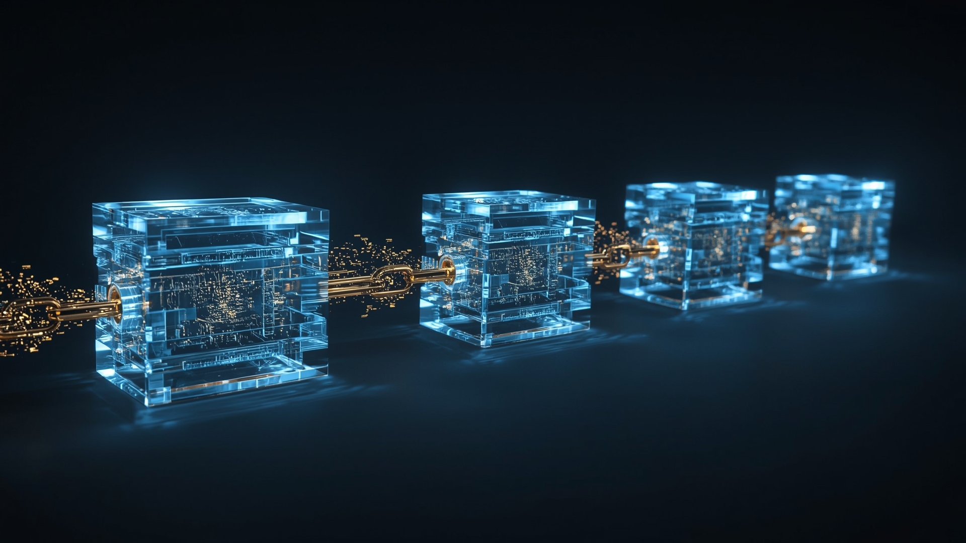 Three-dimensional visualization of linked blockchain blocks with cryptographic connectors showing data chain structure