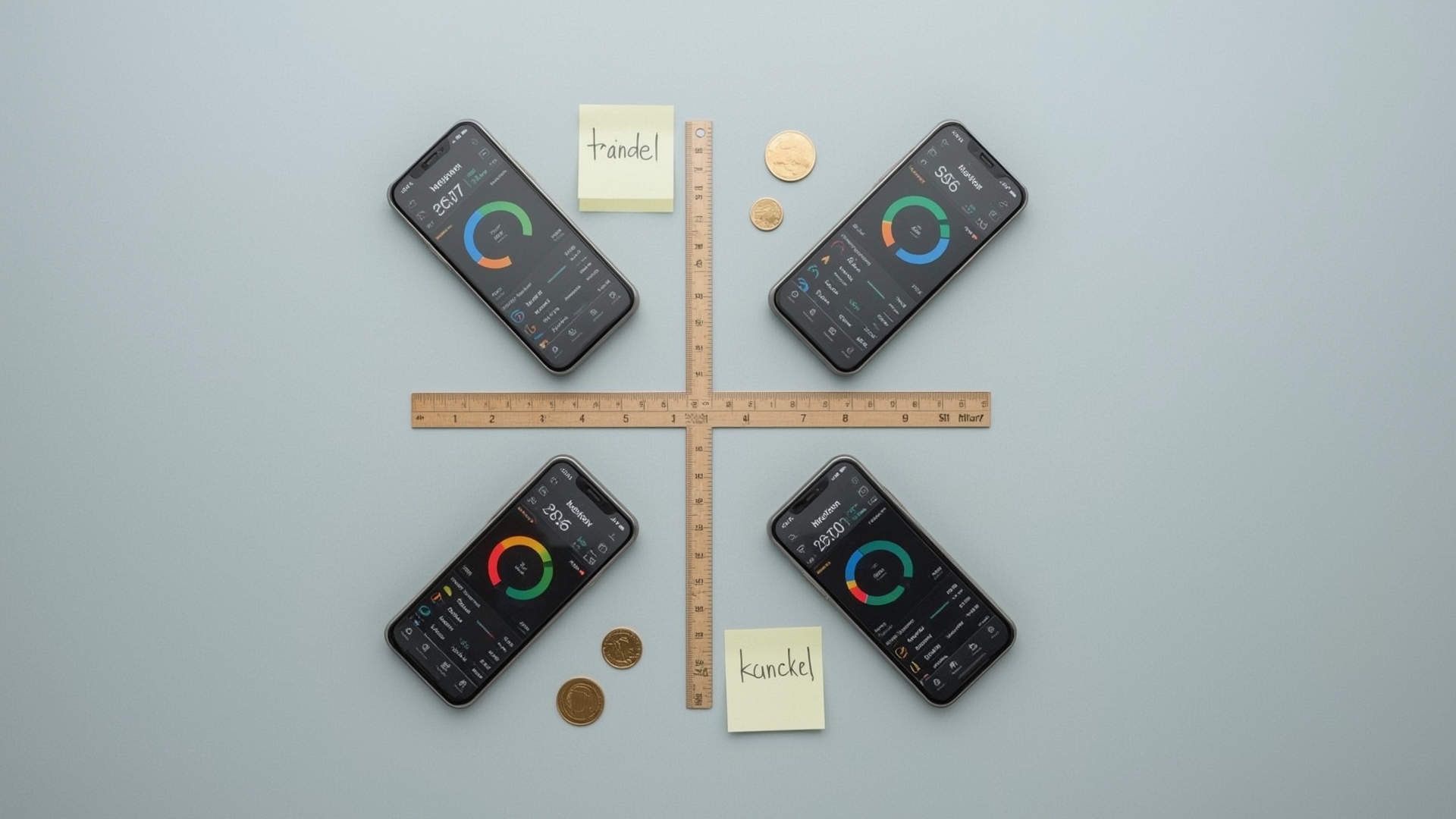 Four smartphones with financial dashboard graphics arranged in a grid for comparison