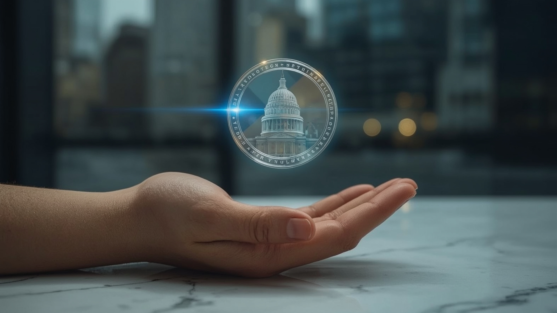 Glowing digital coin representing a central bank digital currency hovering above a hand