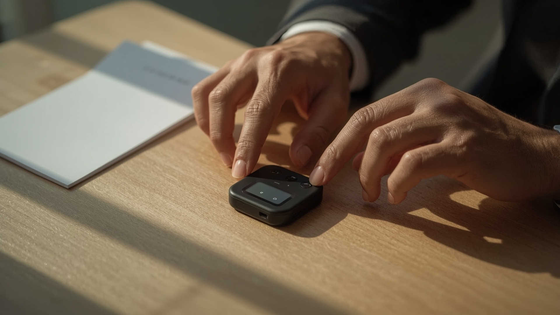 Hands entering recovery phrase on a hardware crypto wallet device during setup