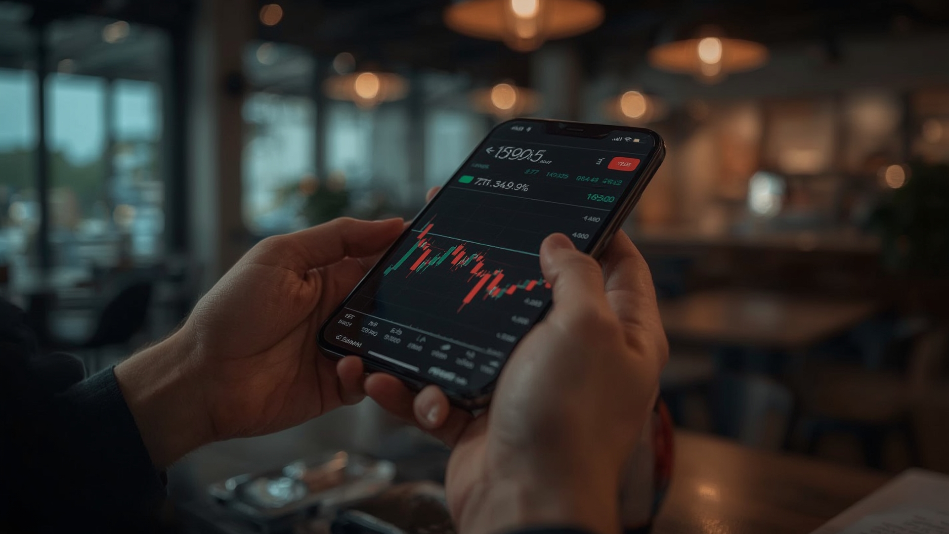 Hands holding smartphone showing volatile crypto market chart in modern workspace