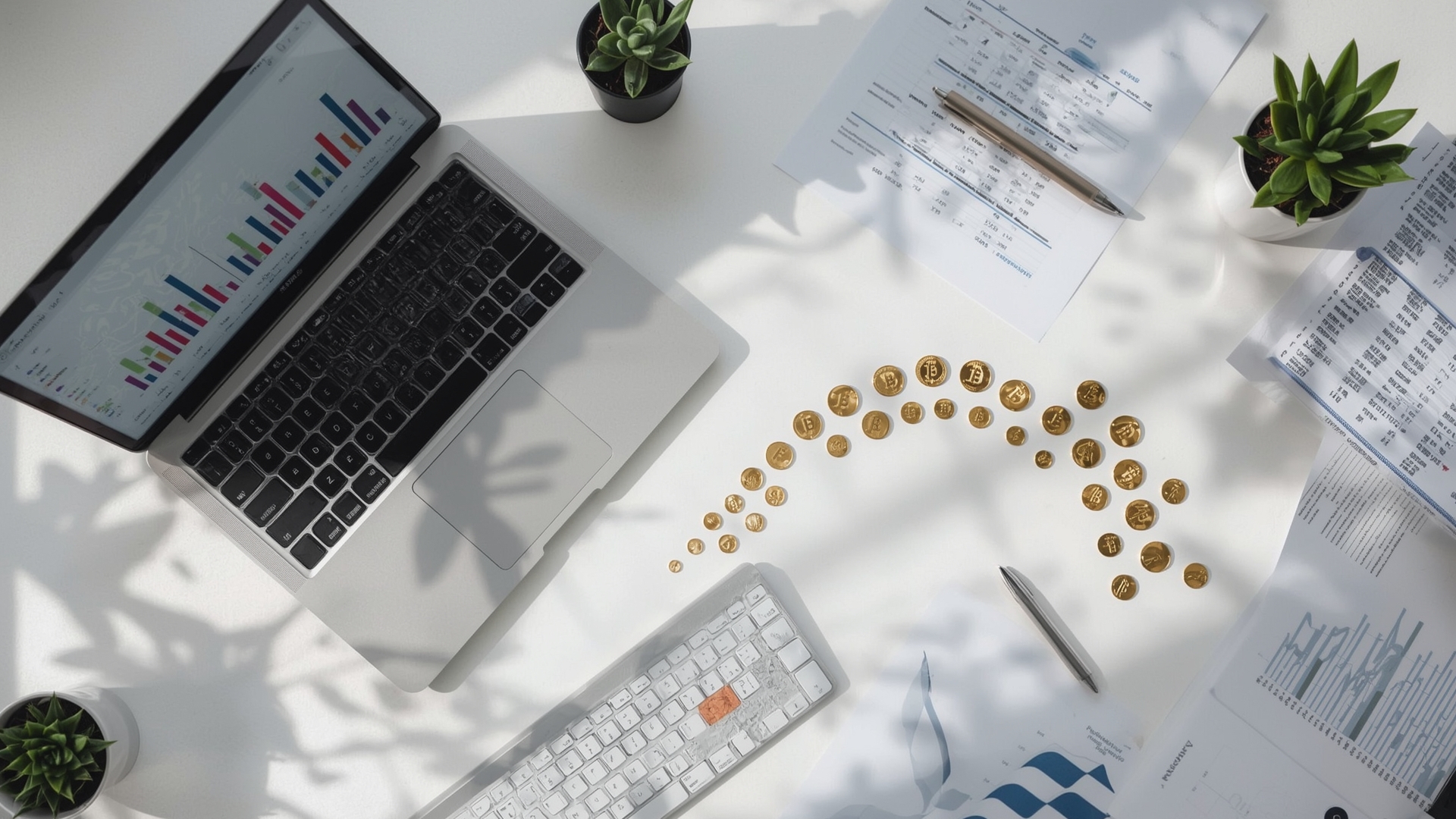 Laptop displaying crypto portfolio charts alongside physical cryptocurrency coins on a desk