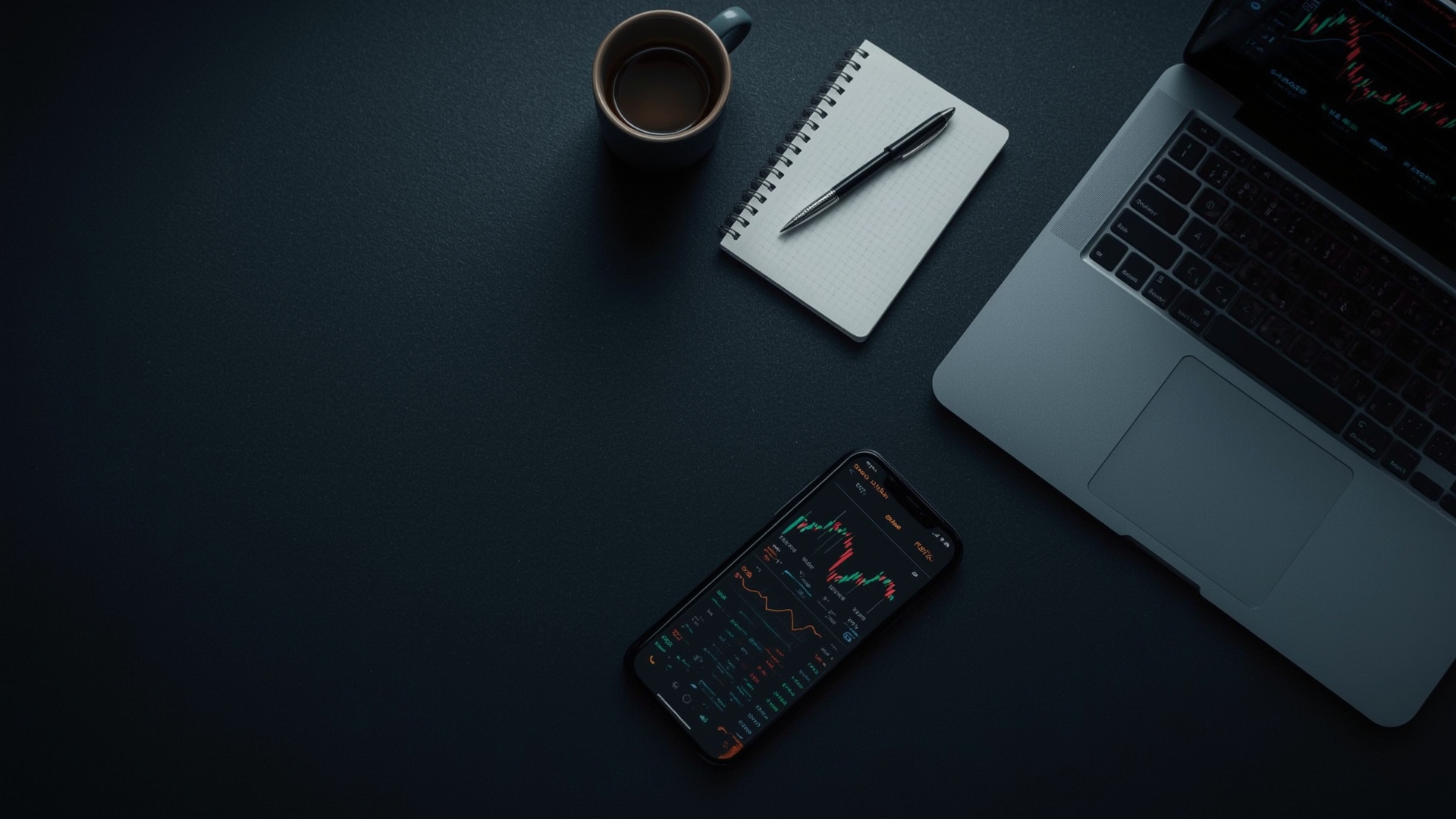 Overhead view of crypto trading dashboard on phone beside laptop and notepad