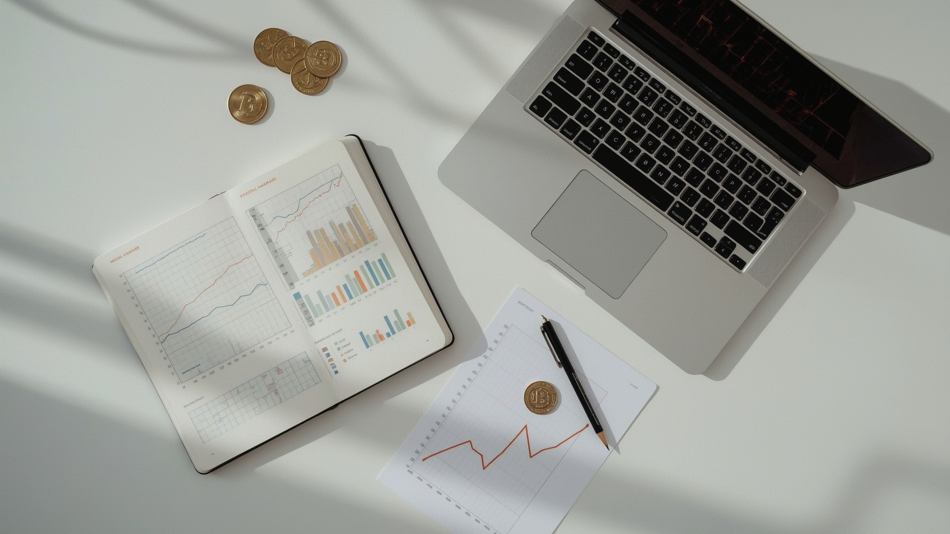 Overhead view of financial planning notebook and crypto tokens for cost basis tracking