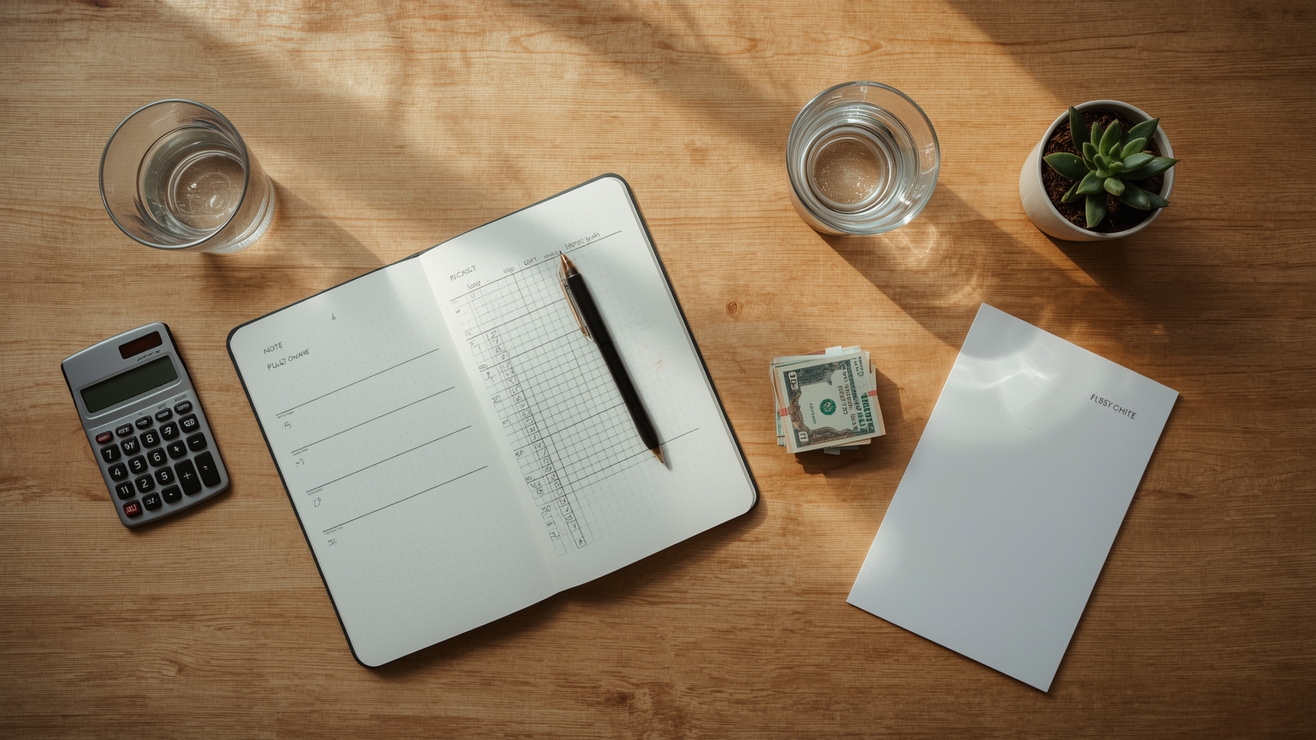 Overhead view of organized desk setup for tracking a value averaging investment schedule