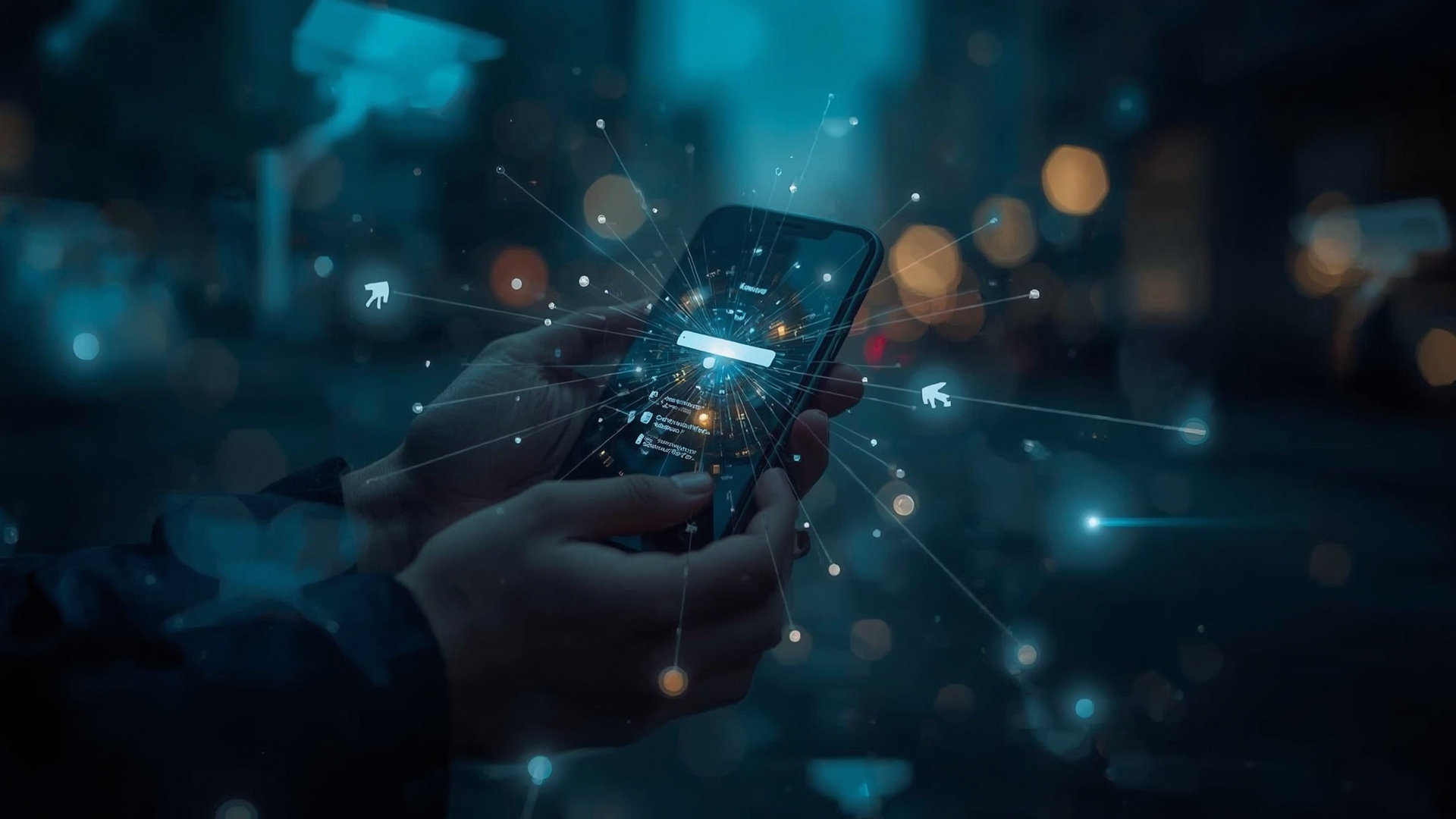 Person holding smartphone with digital wallet surrounded by abstract surveillance data streams