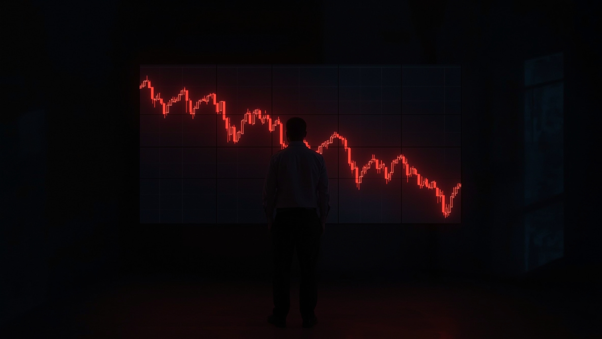 Person standing before glowing screen showing declining crypto value after staking rewards received