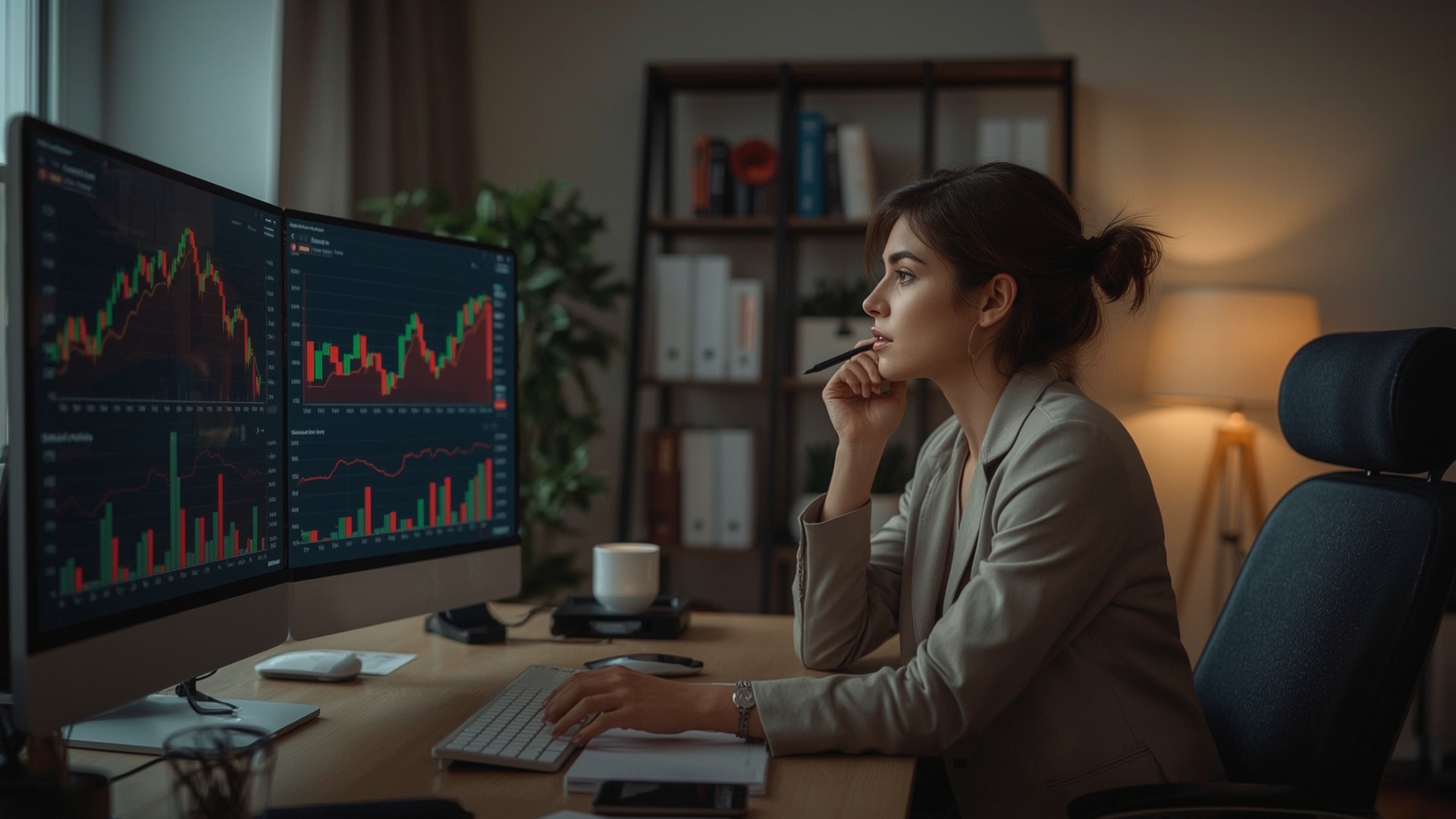 Professional woman reviewing crypto portfolio performance charts at home office desk