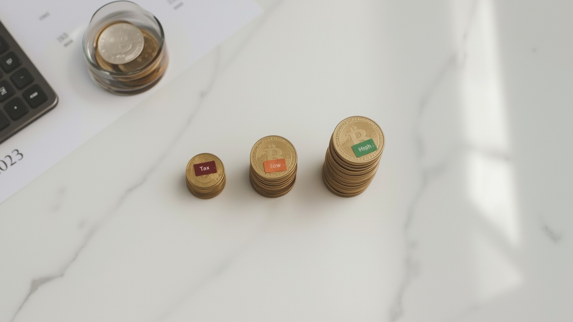 Three stacks of gold coins representing long-term crypto capital gains tax rate tiers