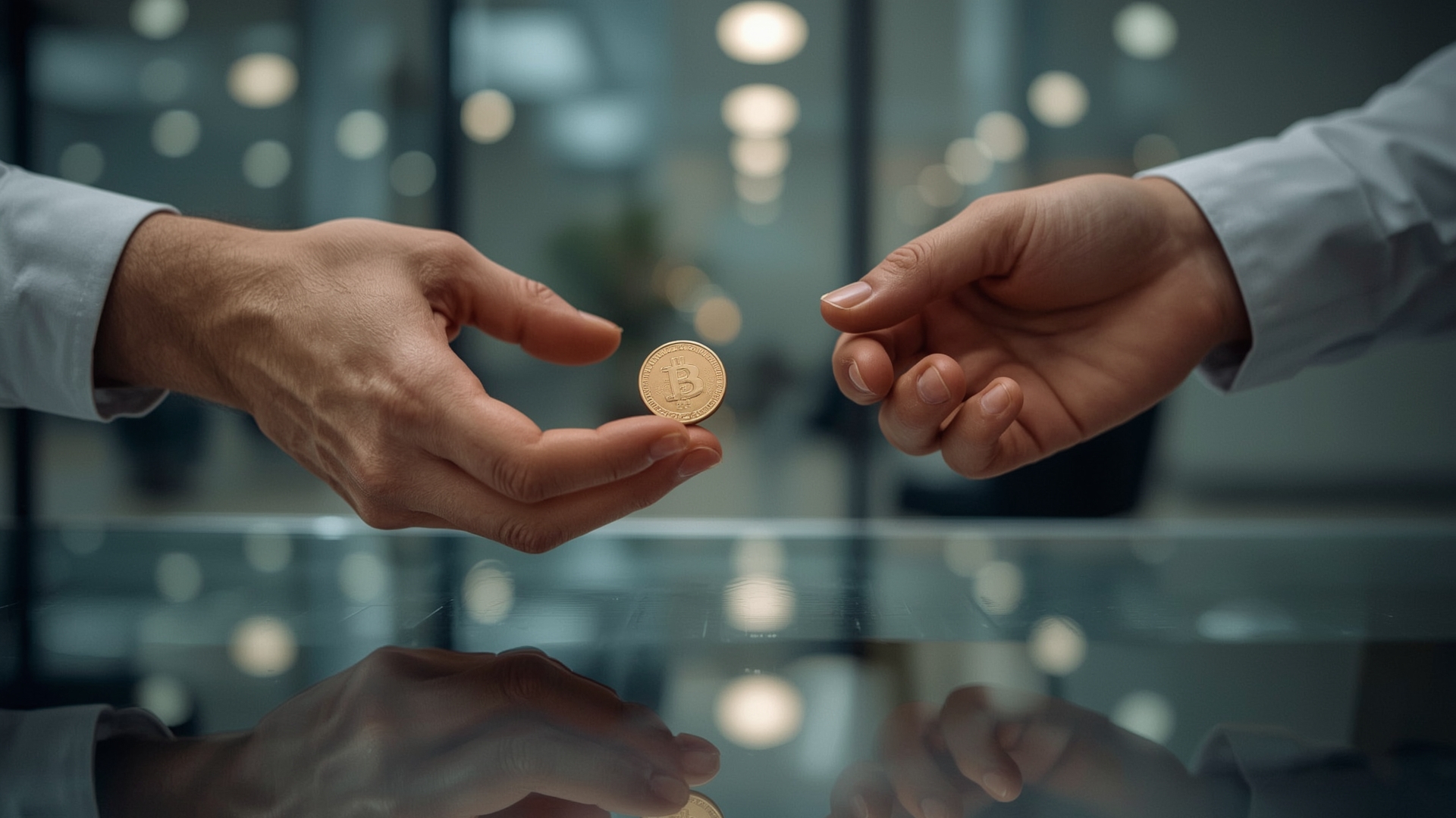 Two hands exchanging a gold coin representing a taxable crypto transaction event